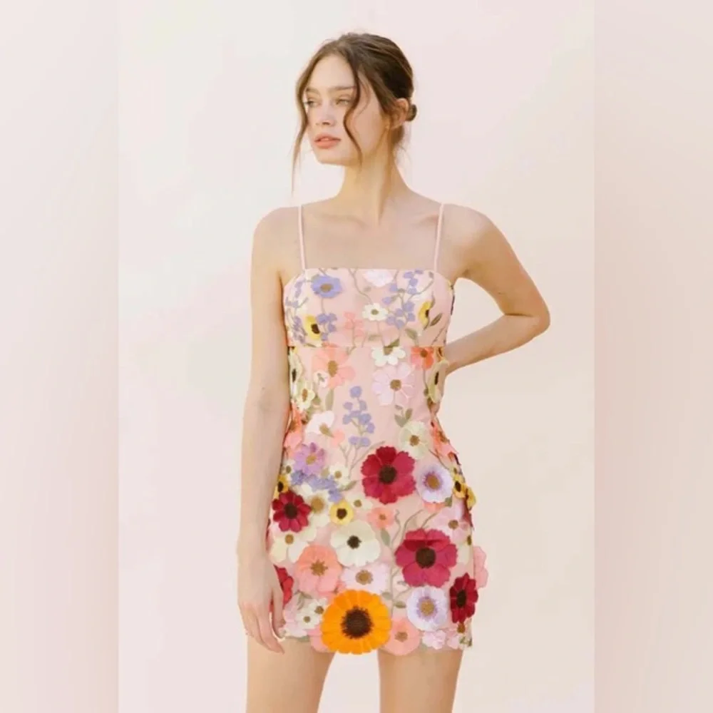 Storia Multi Floral Appliqué Mini Dress - Pink andYellow  NEW w/Tags!! - Picture 4 of 5